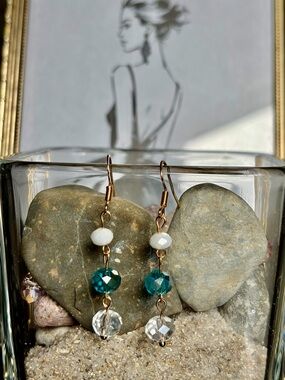 Gold-Tone Blue Crystal Drop Earrings with White Accents